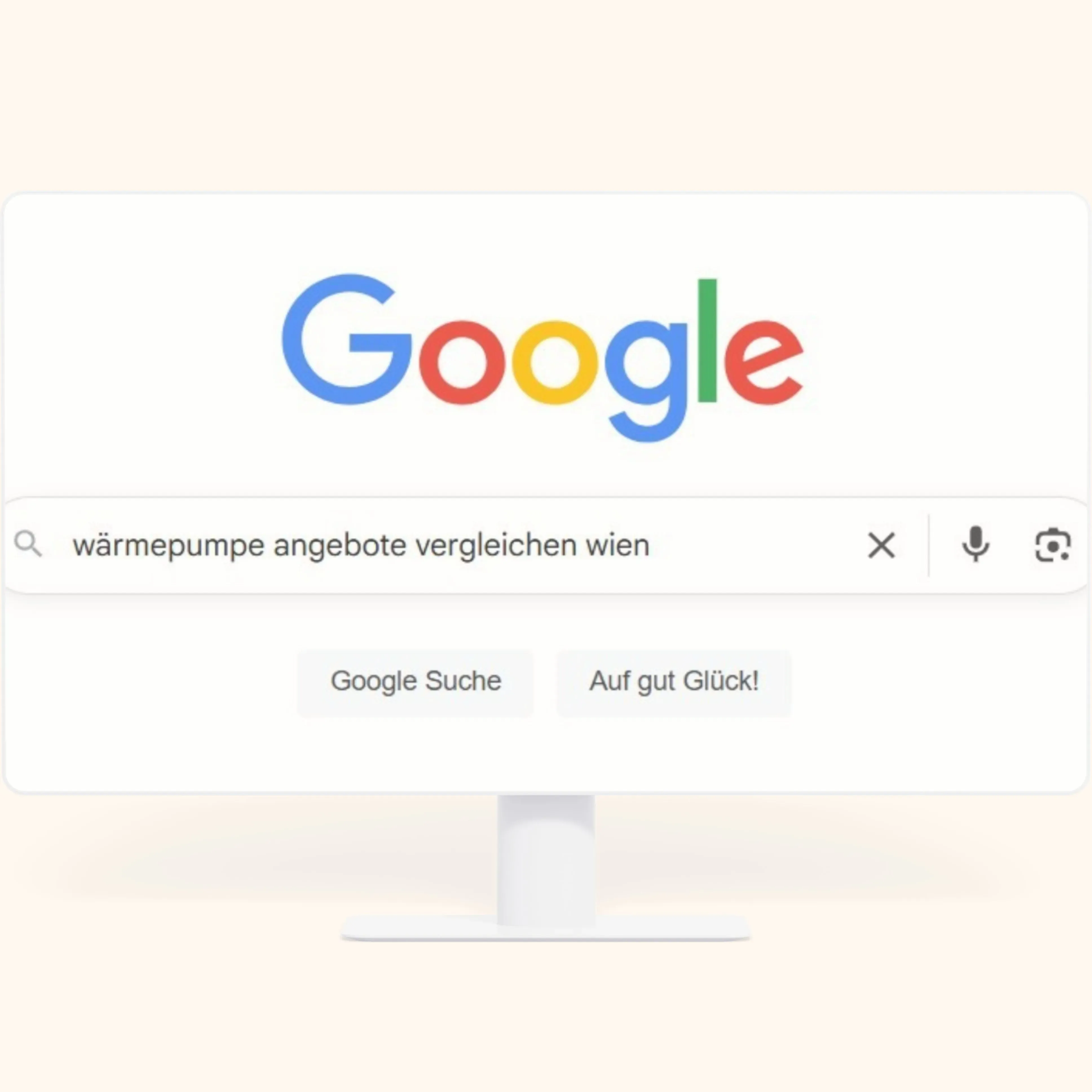 Google-Suchseite mit deutschsprachiger Abfrage zu Wärmepumpen-Angeboten Vergleich Wien.