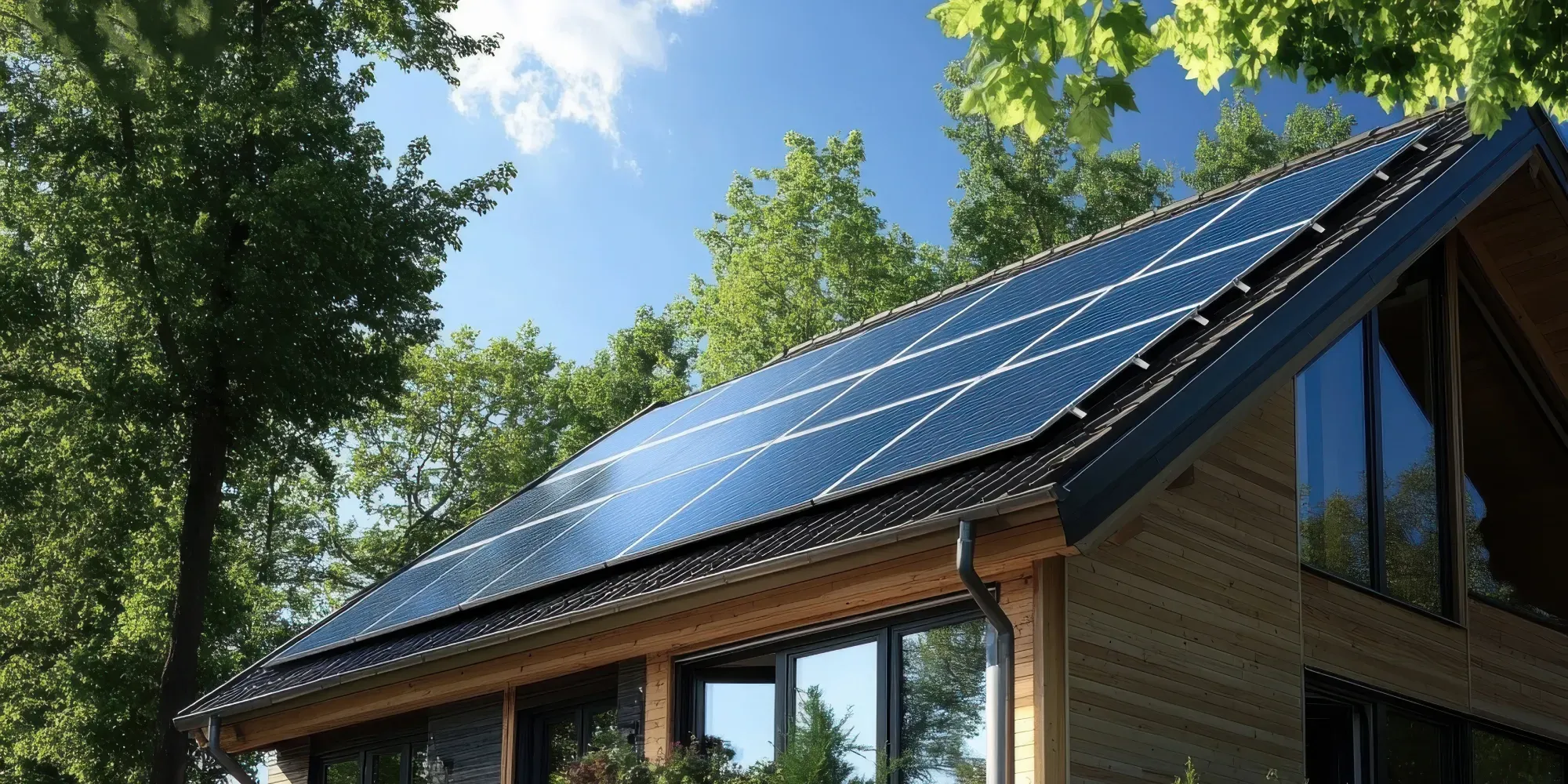 Casa moderna con paneles solares en el techo rodeada de árboles.
