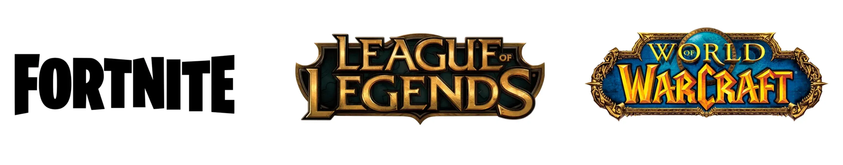 Logos de los videojuegos Fortnite, League of Legends y World of Warcraft.