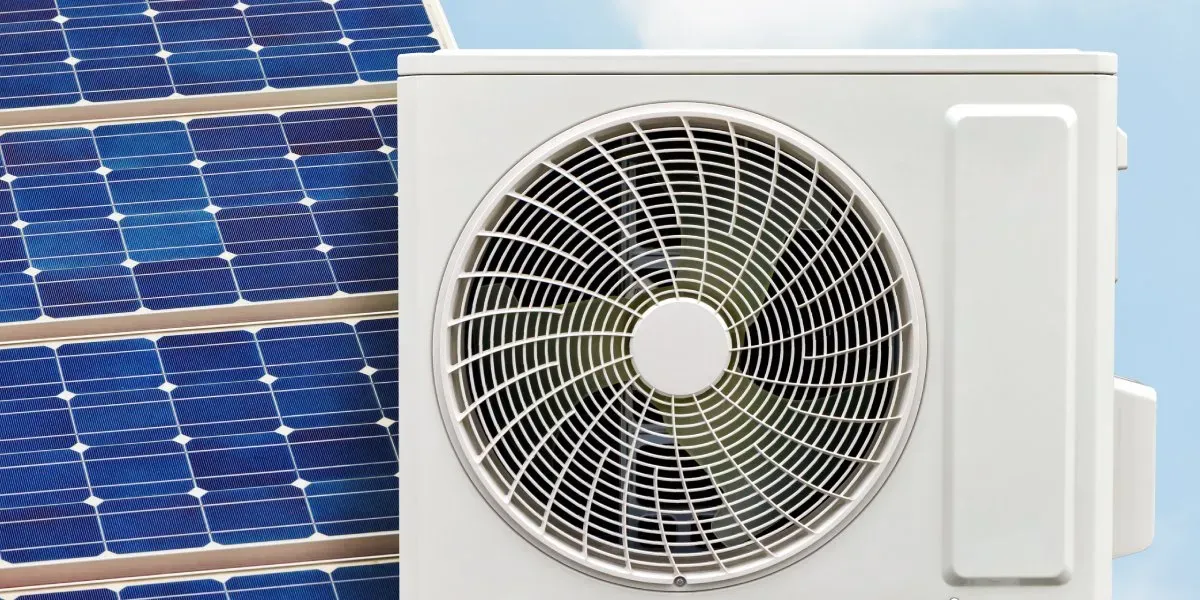 Solar panel and air conditioning unit outdoor installation.