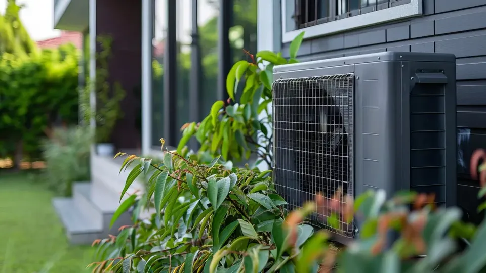 Unidad de bomba de calor de climatización instalada afuera de una casa moderna con jardinería.