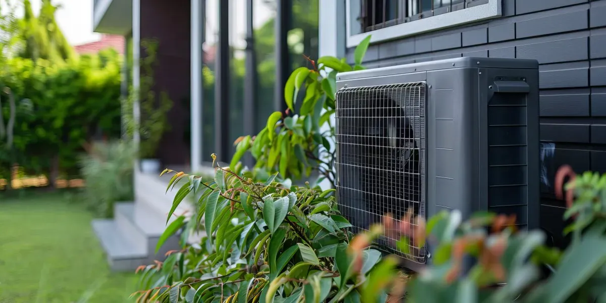 Unidad de bomba de calor de climatización instalada afuera de una casa moderna con jardinería.