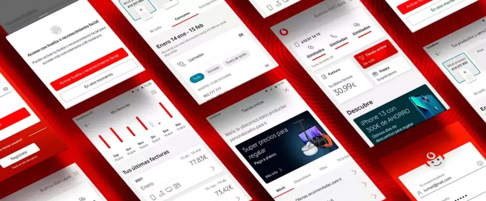 Pantallas de aplicación móvil mostrando servicios de telecomunicaciones Vodafone con facturación, ofertas e información.