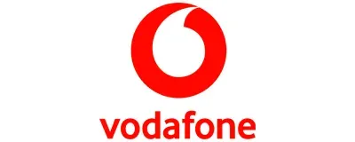 Logo de Vodafone con círculo rojo y forma de burbuja de diálogo blanca.