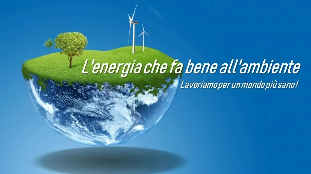 Terra galleggiante con paesaggio verde, albero e turbine eoliche su cielo blu.