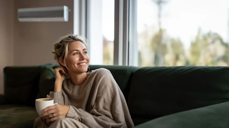 Donna sorridente a casa con tazza di tè.