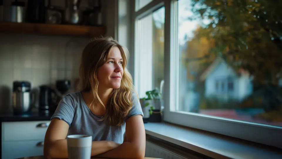 Kvinde sidder ved bord og ser ud af vinduet mens hun holder en kaffekop.