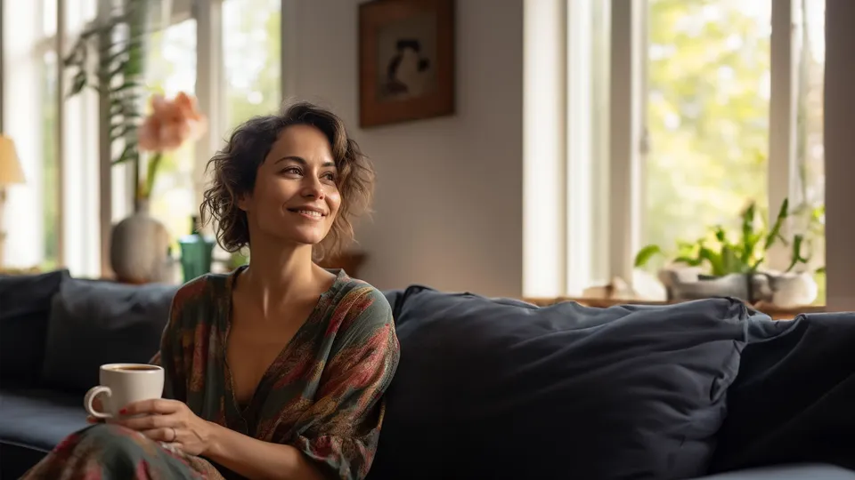 Kvinde sidder på sofa med kaffekop og ser mod vinduet.
