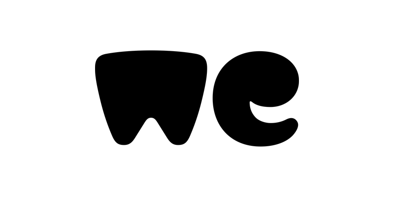 Logo estilizado 'we' negro con carácter izquierdo en forma de diente y carácter derecho curvo.
